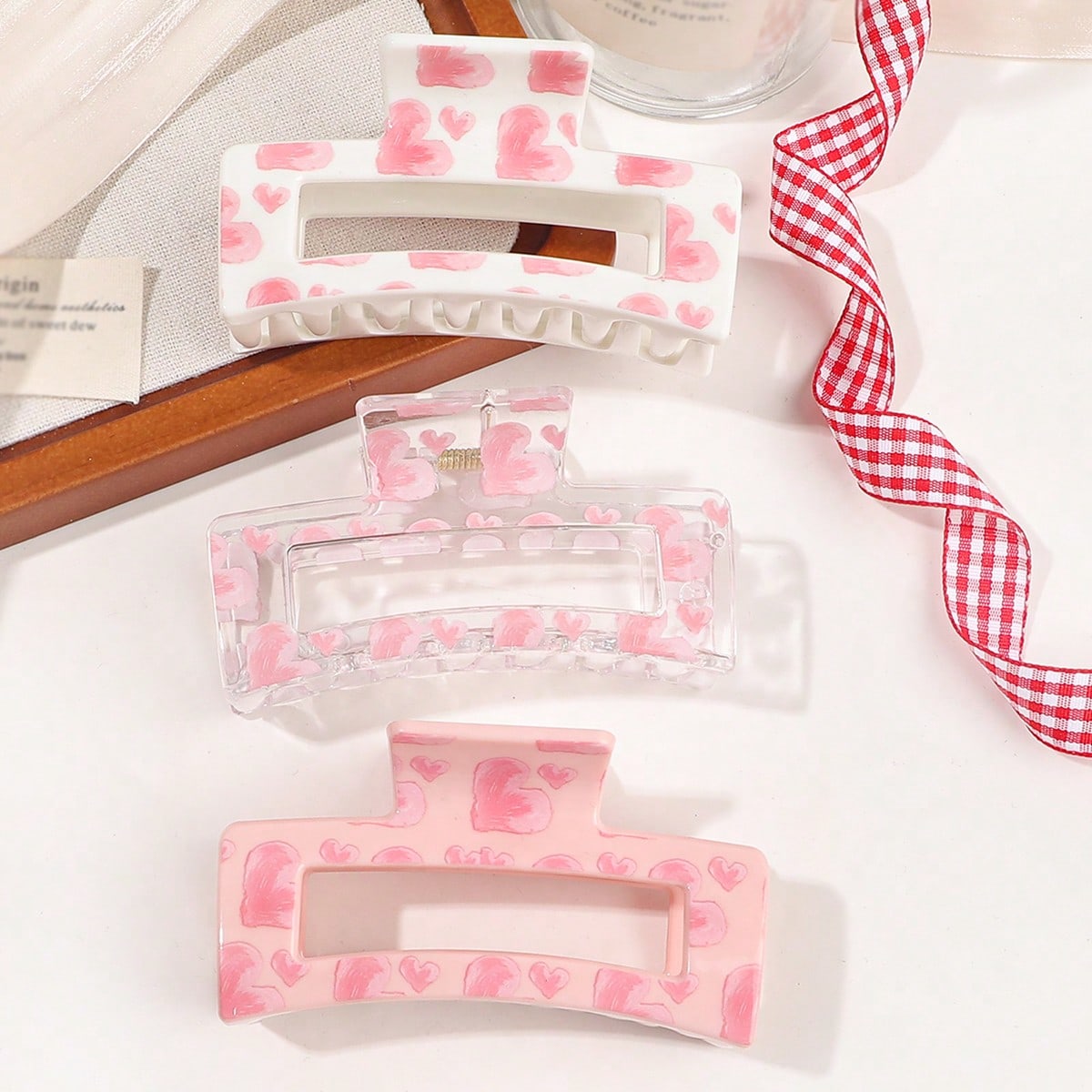 Hair Claw Clip Set - 3Pcs Pink Love Print Hair Claw